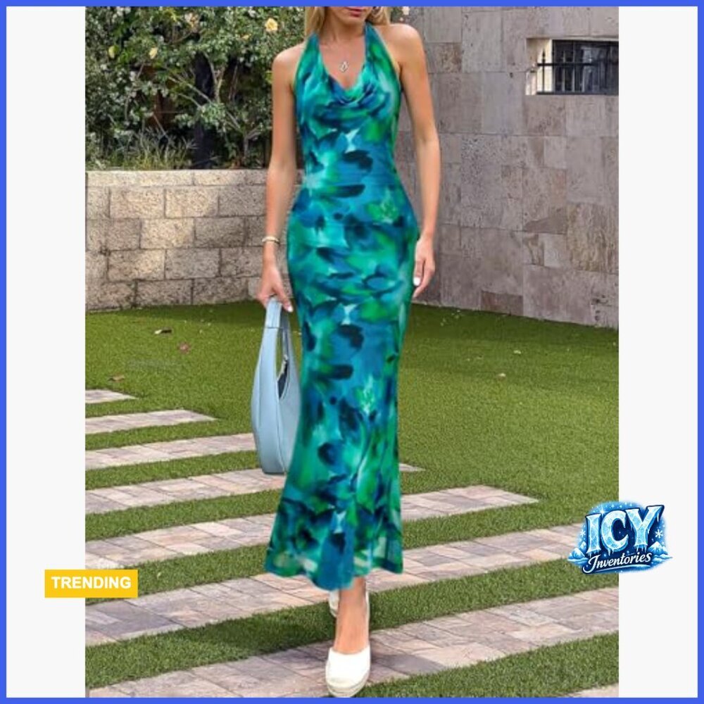 Halter Neck Floral Print Maxi Dress Sleeveless Backless Bodycon Long - Picture 5 of 7